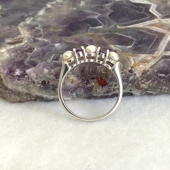 Sterling Silver 925 Multi Gemstone Round Amethyst Genuine Pearl Band Ring Sz 7 - Picture 6 of 16